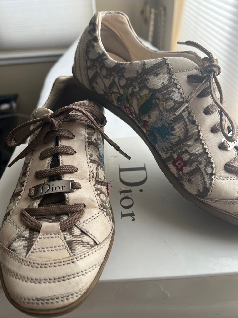 Dior Beige Floral-Trim Silver Metal Lace Plate Logo Lace-Up Sneakers Low Top